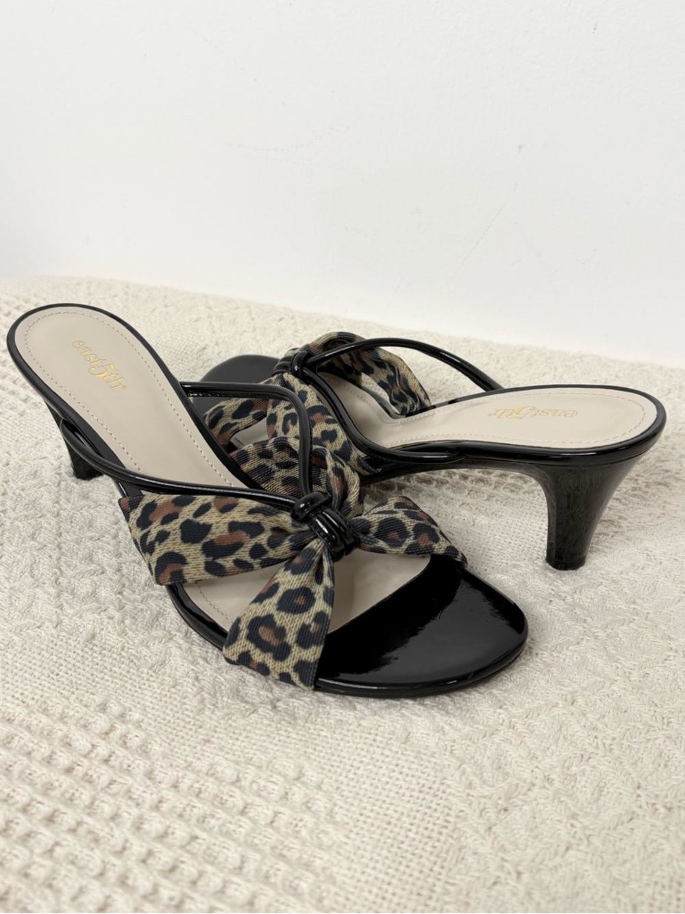 East 5th Leopard Bow Kitten Heel Sandals in Black